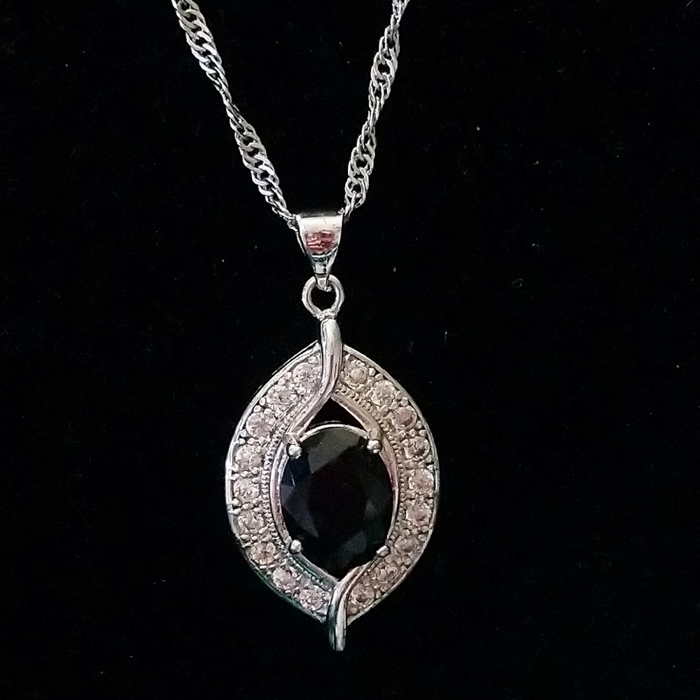 Chic Sterling Silver Black and White Sapphire Pendant and 20" Sterling Chain